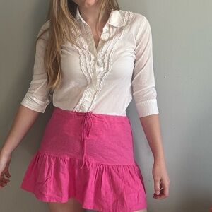 Boardwalk Y2K Pink Linen Blend Ruffle Adjustable Mini Skirt